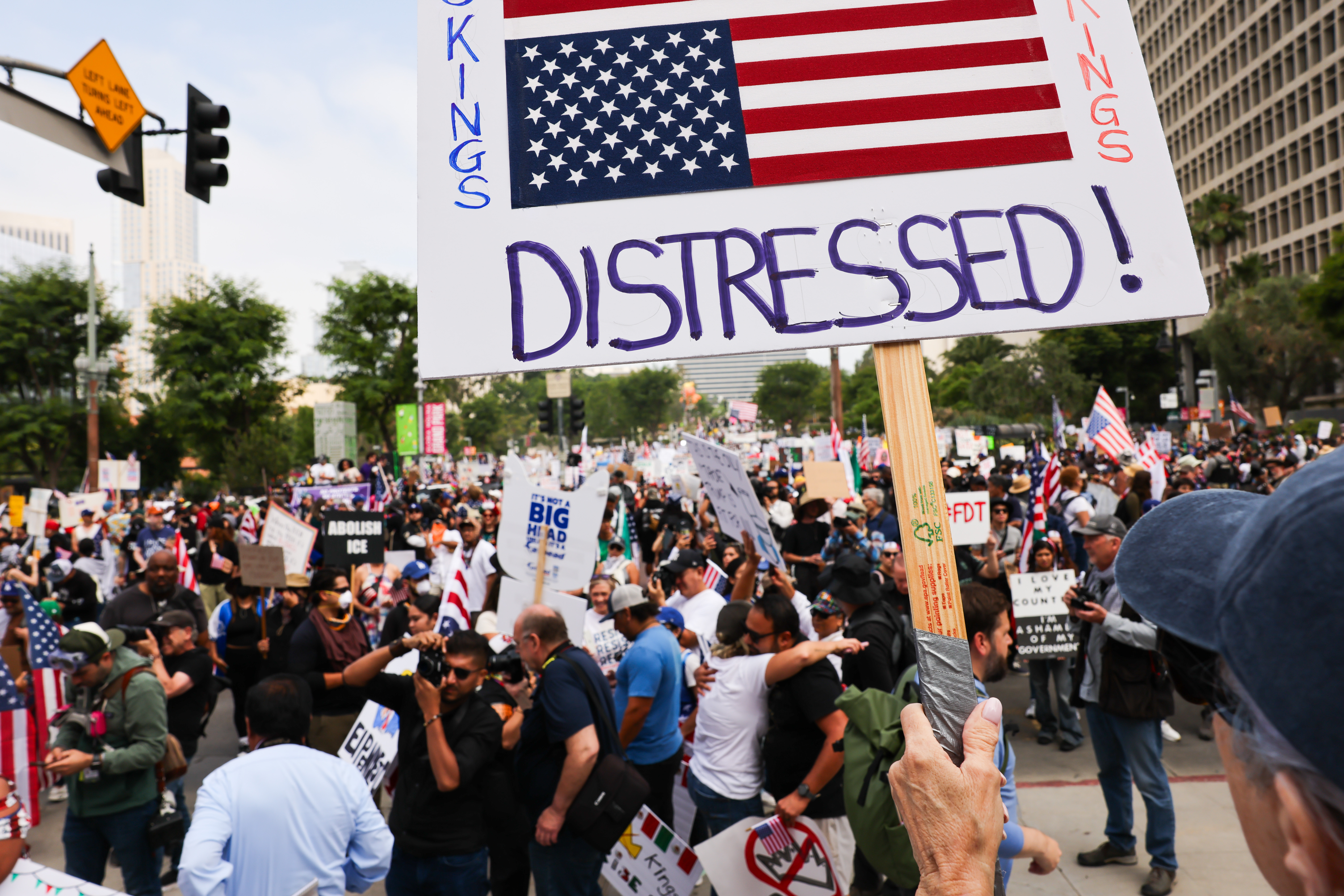 Protesters rally outside Los Angeles City Hall to start a day of 'No Kings' protests Saturday, June 14, 2025. (Photo by Spencer Platt/Getty Images)