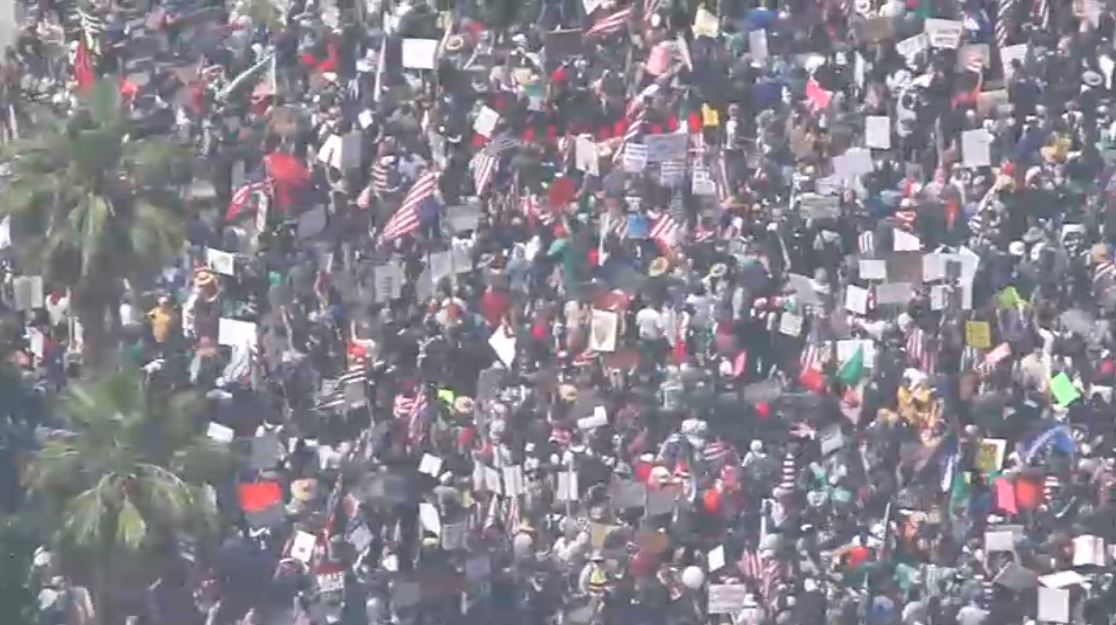 Protesters wave flags at the Los Angeles ‘No Kings’ protest in downtown LA.